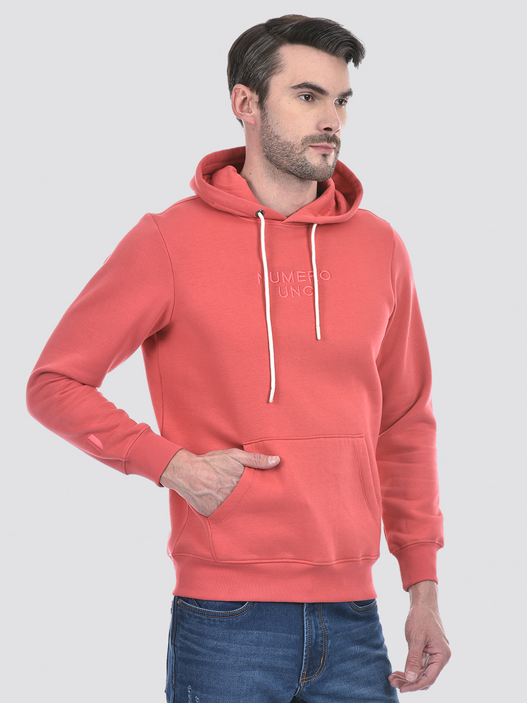 Numero Uno Men Typographic Pink Hooded Neck Cotton Blend Sweatshirt